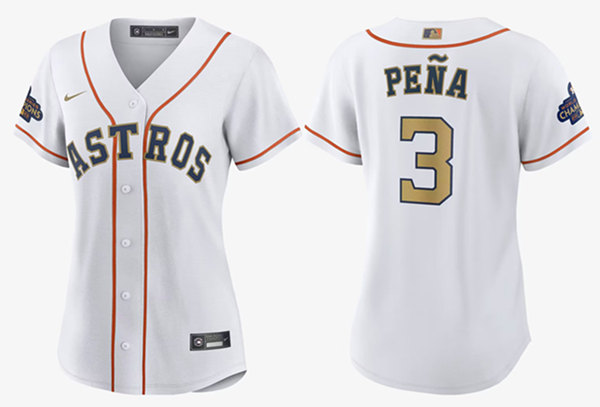 Women's Houston Astros #3 Jeremy Pe?a White 2023 Gold Collection With World Serise Champions Patch Stitched Jersey(Run Small)