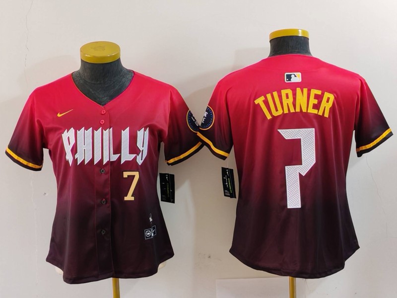 Women's Philadelphia Phillies #7 Trea Turner Red 2024 City Connect Limited Stitched Baseball Jersey 5