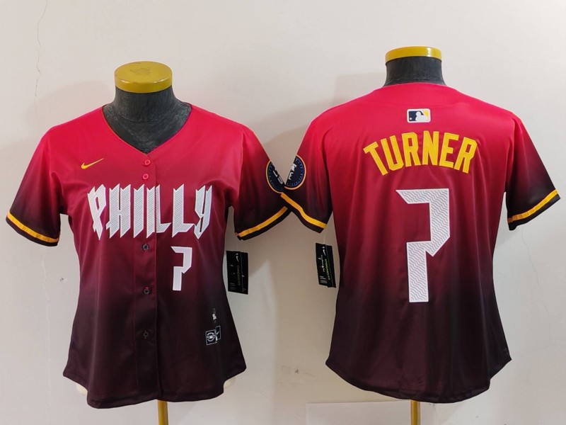 Women's Philadelphia Phillies #7 Trea Turner Red 2024 City Connect Limited Stitched Baseball Jersey 3