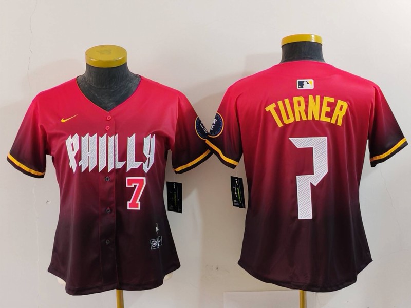 Women's Philadelphia Phillies #7 Trea Turner Red 2024 City Connect Limited Stitched Baseball Jersey 1