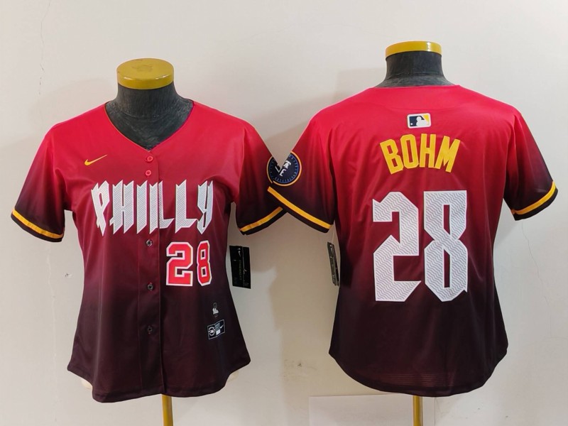 Women's Philadelphia Phillies #28 Alec Bohm Red 2024 City Connect Limited Stitched Baseball Jersey 1