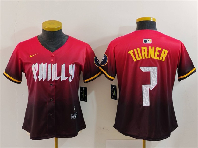 Women's Philadelphia Phillies #7 Trea Turner Red 2024 City Connect Limited Stitched Baseball Jersey