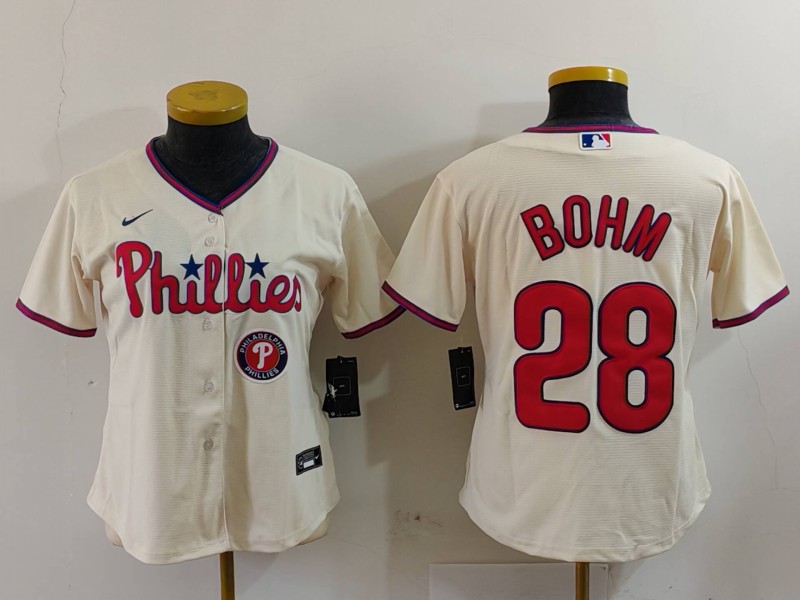 Women's Philadelphia Phillies #28 Alec Bohm Cream Cool Base Stitched Baseball Jersey(Run Small) 3