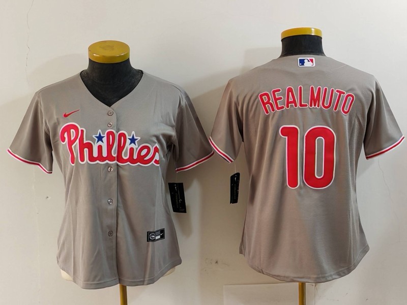 Women's Philadelphia Phillies #10 J.T. Realmuto Grey Cool Base Stitched Baseball Jersey(Run Small)