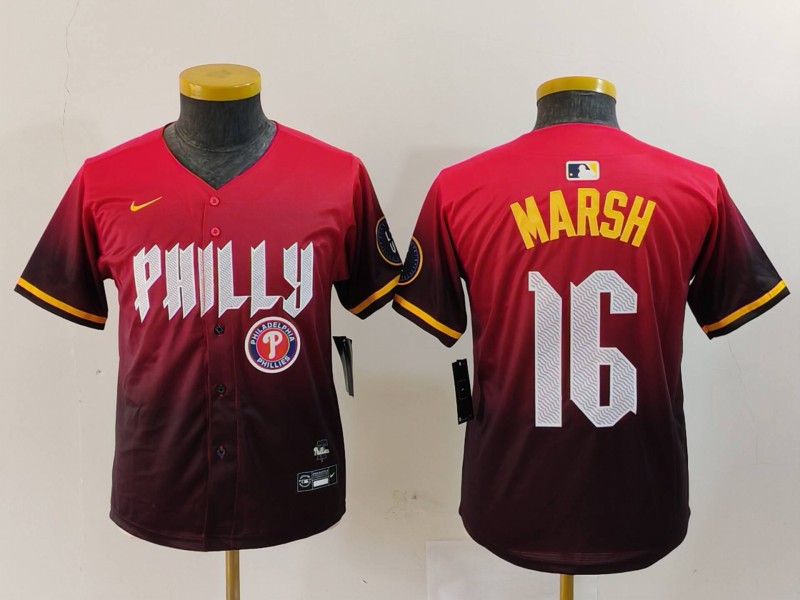 Youth Philadelphia Phillies #16 Brandon Marsh Red 2024 City Connect Limited Stitched Baseball Jersey 3