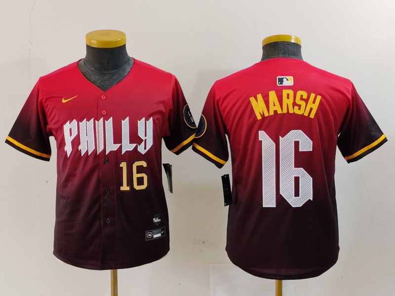 Youth Philadelphia Phillies #16 Brandon Marsh Red 2024 City Connect Limited Stitched Baseball Jersey 2