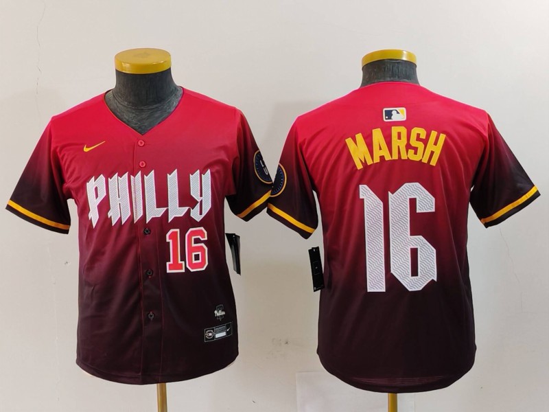 Youth Philadelphia Phillies #16 Brandon Marsh Red 2024 City Connect Limited Stitched Baseball Jersey 1