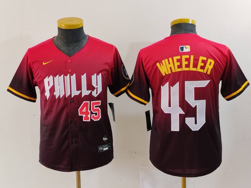 Youth Philadelphia Phillies #45 Zack Wheeler Red 2024 City Connect Limited Stitched Baseball Jersey 5