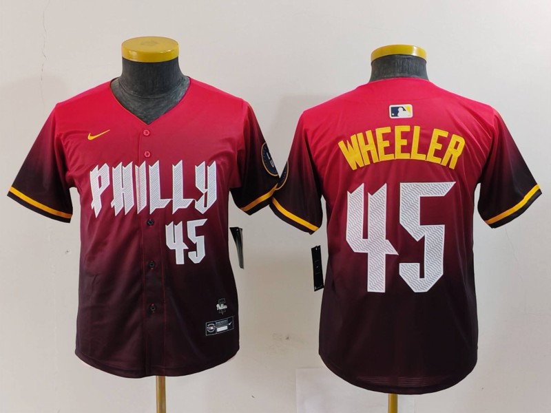 Youth Philadelphia Phillies #45 Zack Wheeler Red 2024 City Connect Limited Stitched Baseball Jersey 2