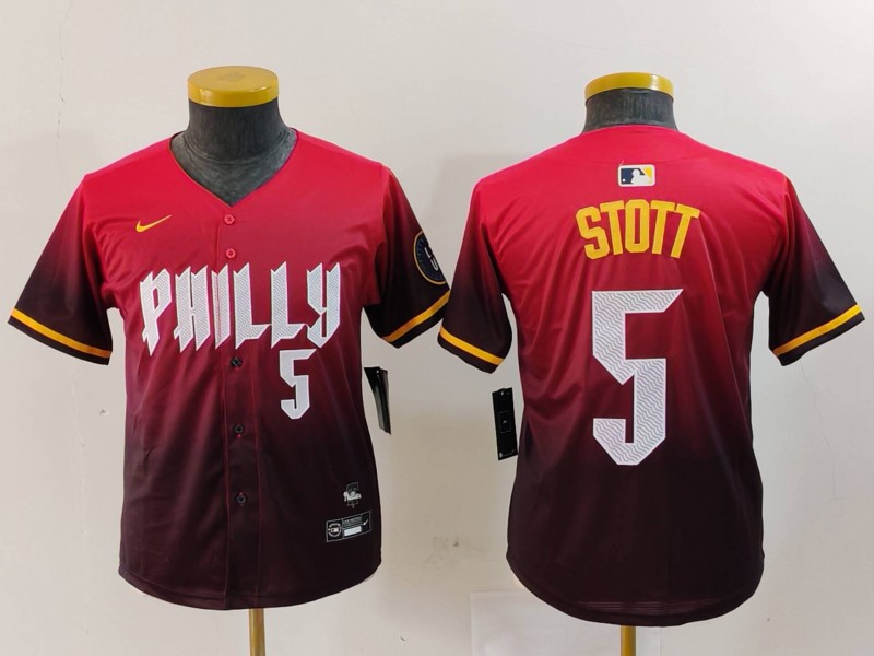 Youth Philadelphia Phillies #5 Bryson Stott Red 2024 City Connect Limited Stitched Baseball Jersey 1