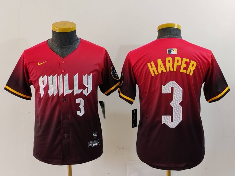 Youth Philadelphia Phillies #3 Bryce Harper Red 2024 City Connect Limited Stitched Baseball Jersey 6