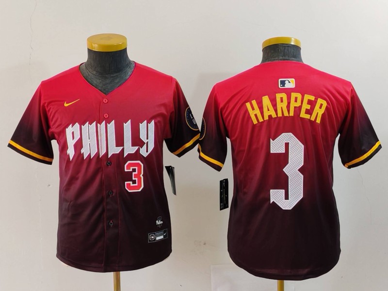 Youth Philadelphia Phillies #3 Bryce Harper Red 2024 City Connect Limited Stitched Baseball Jersey 5