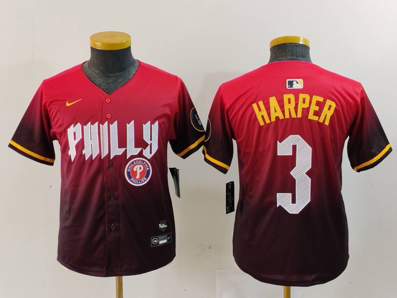 Youth Philadelphia Phillies #3 Bryce Harper Red 2024 City Connect Limited Stitched Baseball Jersey 1