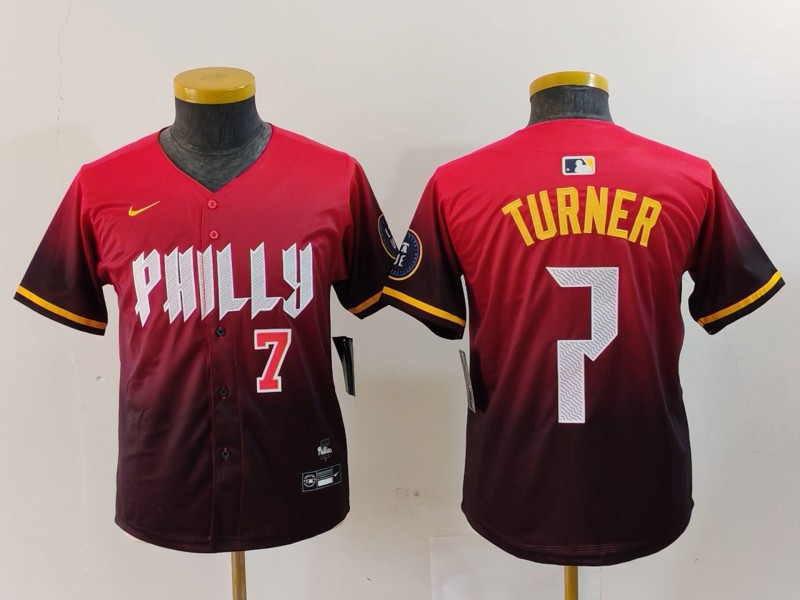 Youth Philadelphia Phillies #7 Trea Turner Red 2024 City Connect Limited Stitched Baseball Jersey 5