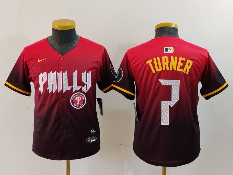 Youth Philadelphia Phillies #7 Trea Turner Red 2024 City Connect Limited Stitched Baseball Jersey 3