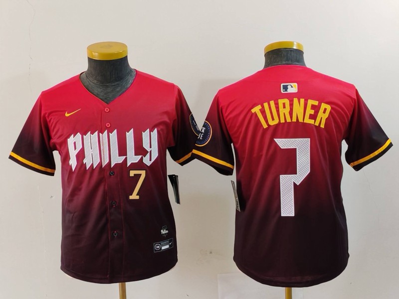 Youth Philadelphia Phillies #7 Trea Turner Red 2024 City Connect Limited Stitched Baseball Jersey 2