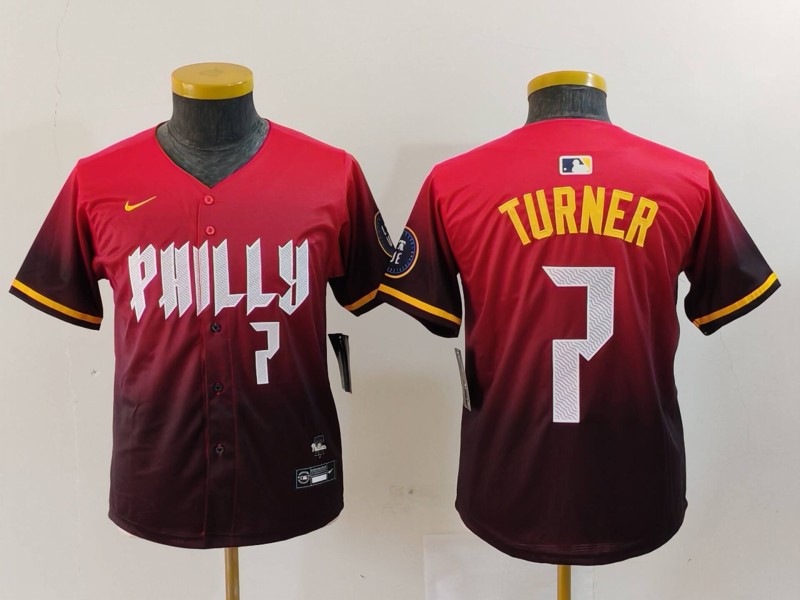 Youth Philadelphia Phillies #7 Trea Turner Red 2024 City Connect Limited Stitched Baseball Jersey 1