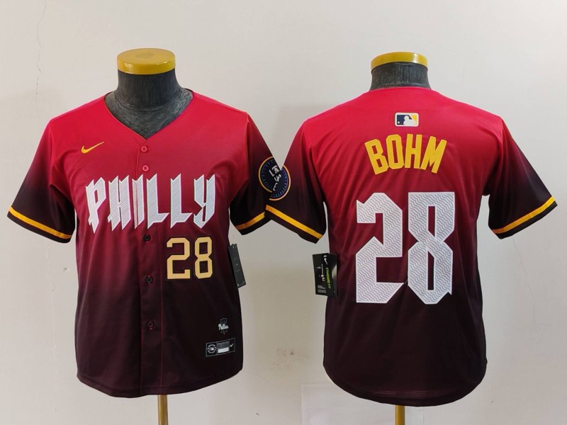 Youth Philadelphia Phillies #28 Alec Bohm Red 2024 City Connect Limited Stitched Baseball Jersey 2