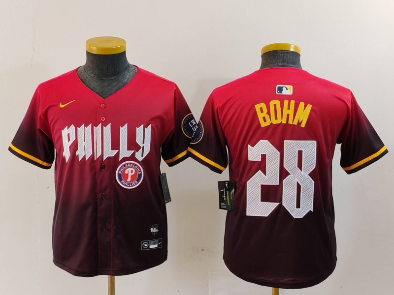 Youth Philadelphia Phillies #28 Alec Bohm Red 2024 City Connect Limited Stitched Baseball Jersey 1