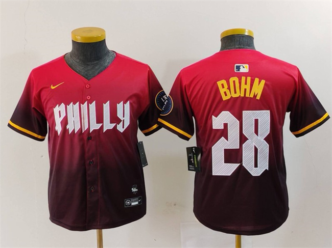 Youth Philadelphia Phillies #28 Alec Bohm Red 2024 City Connect Limited Stitched Baseball Jersey