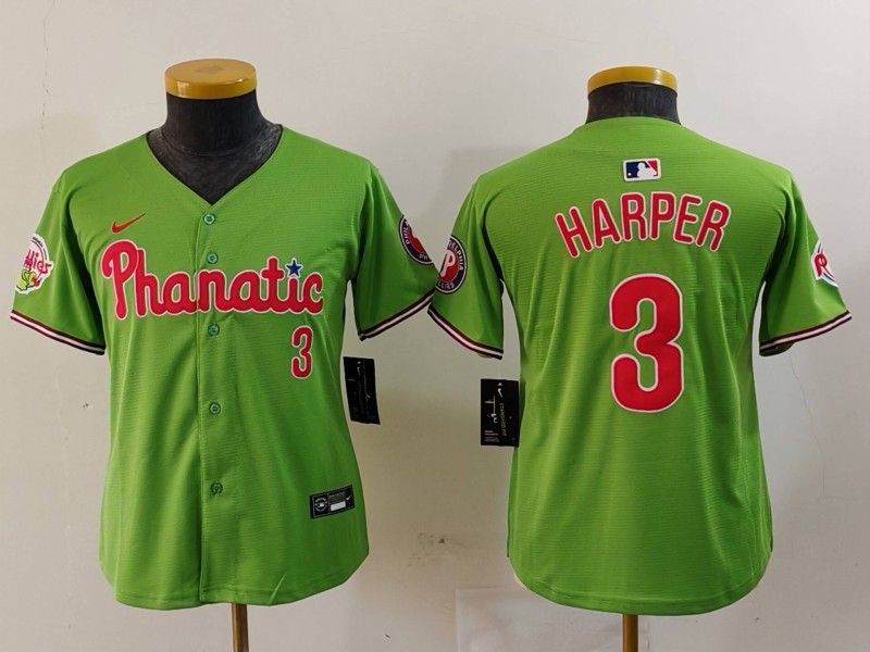 Youth Philadelphia Phillies #3 Bryce Harper Green With Patch Stitched Baseball Jersey