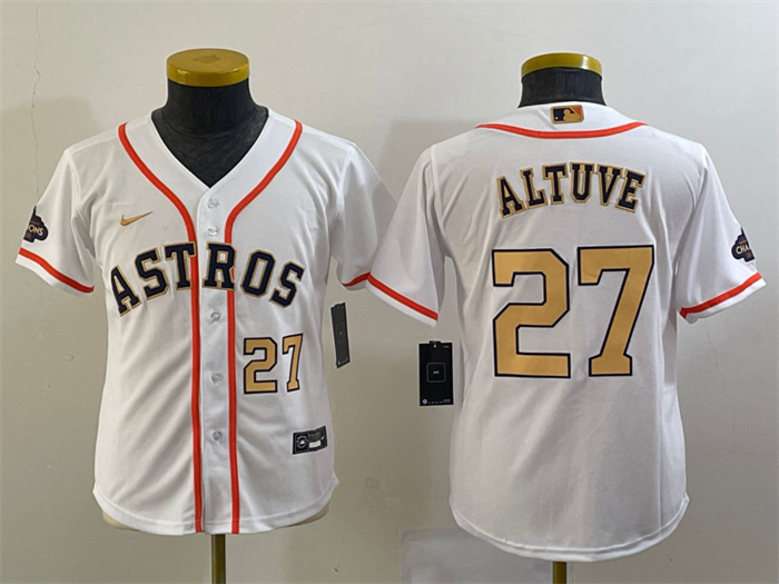 Youth Houston Astros #27 Jose Altuve White 2023 Gold Collection With World Serise Champions Patch Stitched Baseball Jersey