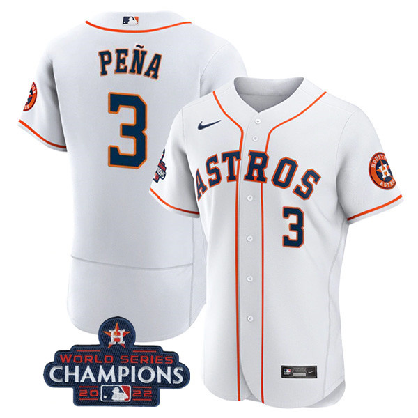 Men's Houston Astros #3 Jeremy Pe?a White 2022 World Series Champions Flex Base Stitched Baseball Jersey