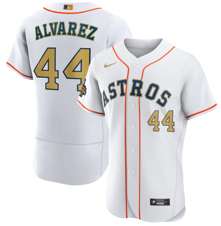 Men's Custom Houston Astros White 2023 Gold Collection With World Serise Champions Patch Stitched Baseball Jersey