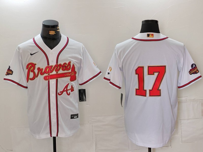 Men's Atlanta Braves #17 Andy Messersmith WhiteGold World Series Champions Cool Base Stitched Baseball Jersey