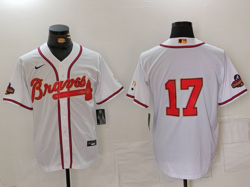 Men's Atlanta Braves #17 Andy Messersmith White Gold World Series Champions Cool Base Stitched Baseball Jersey