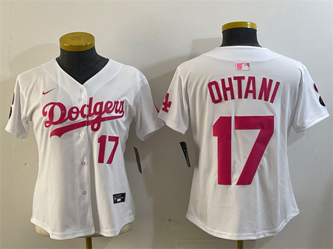 Women's Los Angeles Dodgers #17 Shohei Ohtani White Pink Vin & Kobe Patch Limited Stitched Baseball Jersey(Run Small)