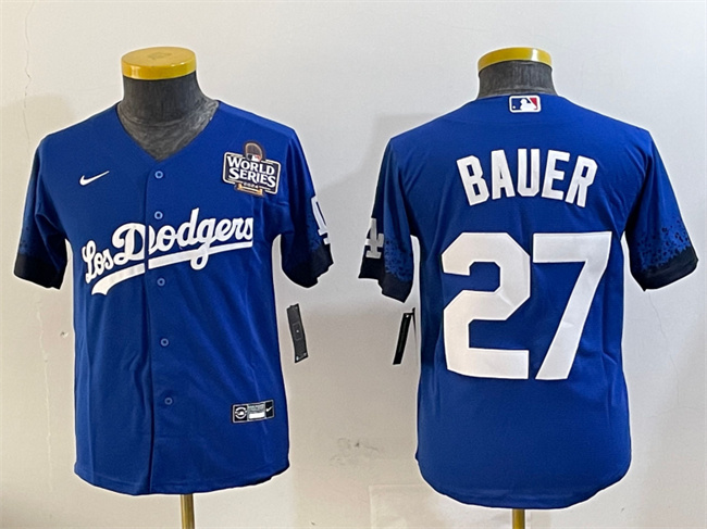 Youth Los Angeles Dodgers #27 Trevor Bauer Blue 2024 World Series City Connect Cool Base Stitched Jersey