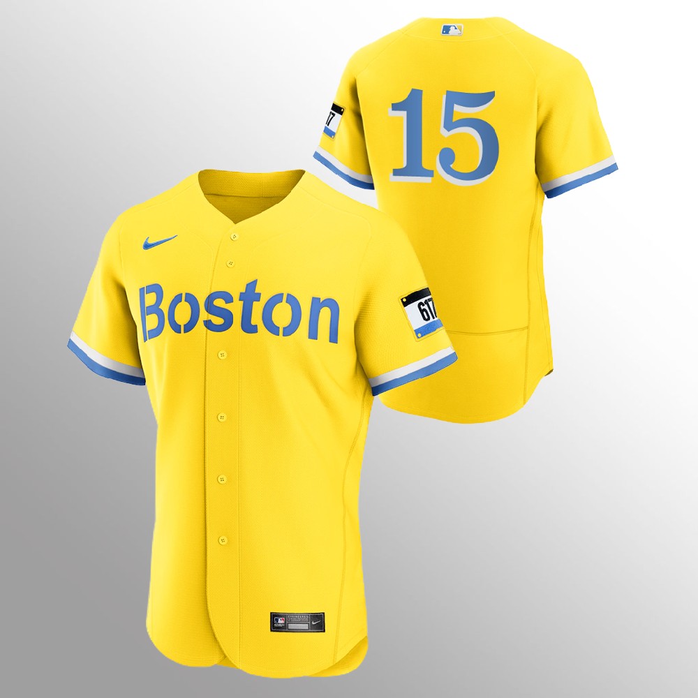 Boston Red Sox #15 Dustin Pedroia Men's Nike 2021 City Connect Gold Authentic MLB Jersey - No Name