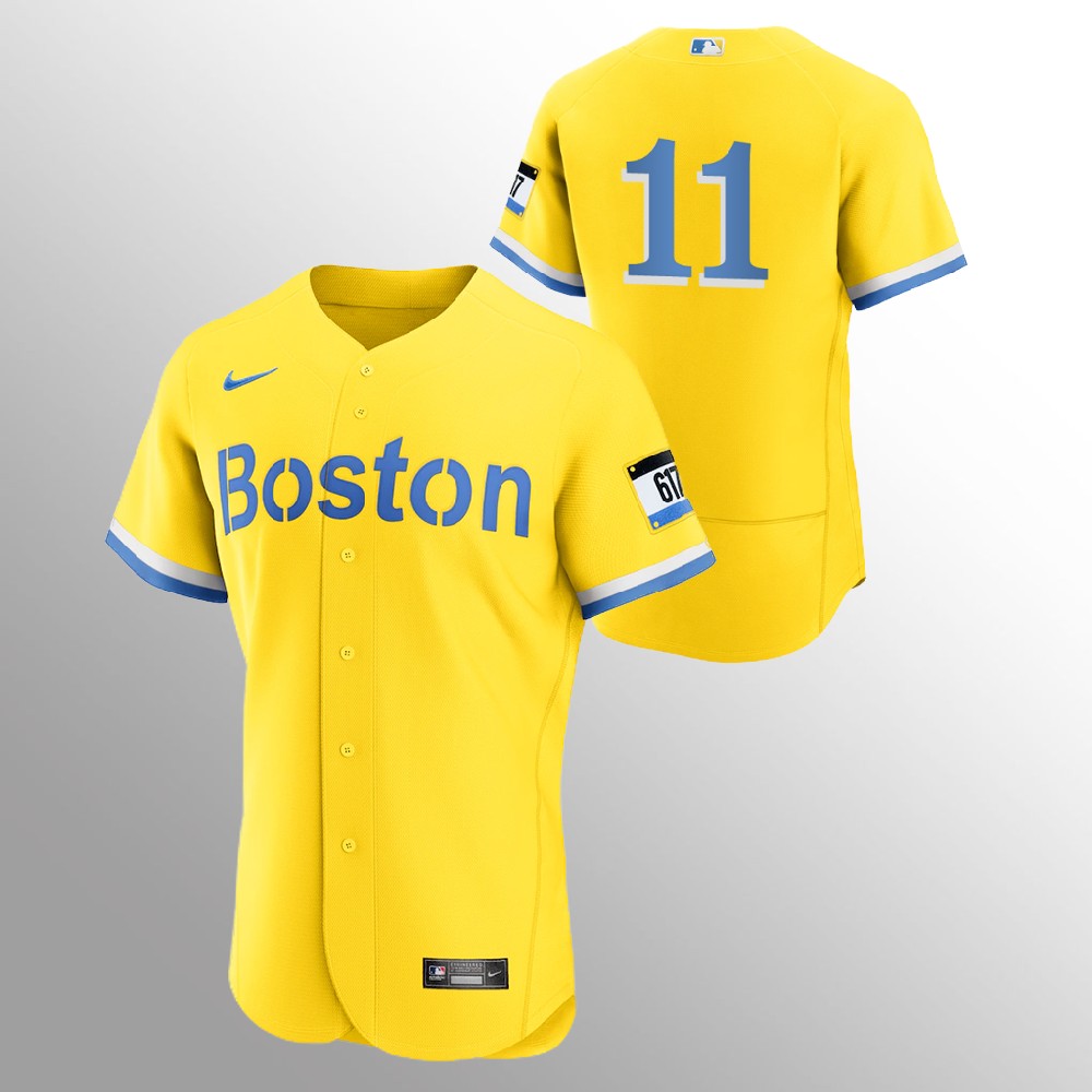 Boston Red Sox #11 Rafael Devers Men's Nike 2021 City Connect Gold Authentic MLB Jersey - No Name