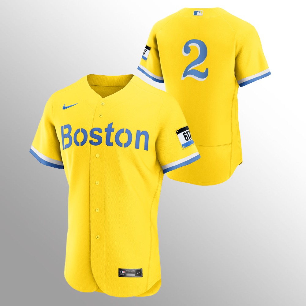 Boston Red Sox #2 Xander Bogaerts Men's Nike 2021 City Connect Gold Authentic MLB Jersey - No Name