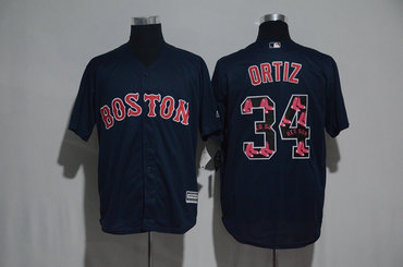 Red Sox 34 David Ortiz Navy Team Logo Print Cool Base Jersey