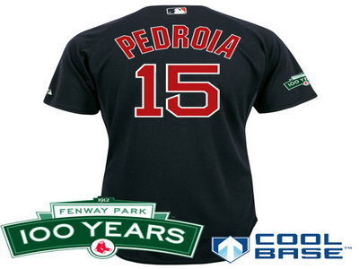 Boston Red Sox 15 Dustin Pedroia dk blue Cool Base Jersey wFenway Park 100th Anniversary Patch