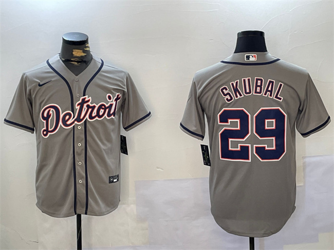 Men's Detroit Tigers #29 Tarik Skubal Grey Cool Base Stitched Baseball Jersey