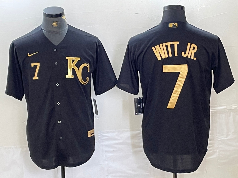 Men's Kansas City Royals #7 Bobby Witt Jr. Black Cool Base Stitched Jersey 4