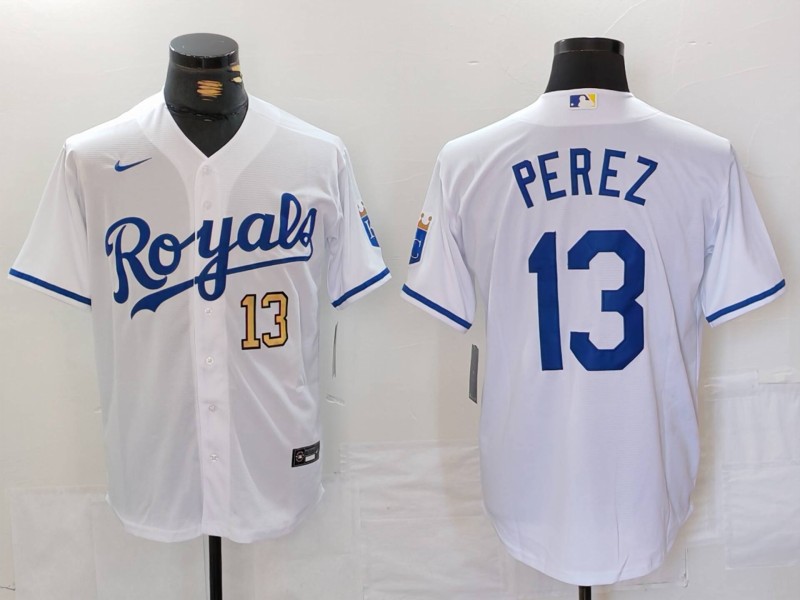 Men's Kansas City Royals #13 Salvador Perez White Cool Base Stitched Jersey 2