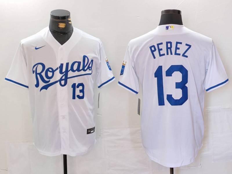 Men's Kansas City Royals #13 Salvador Perez White Cool Base Stitched Jersey 1