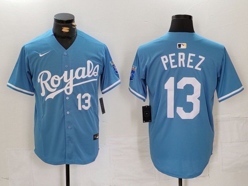 Men's Kansas City Royals #13 Salvador Perez Light Blue Cool Base Stitched Jersey 2