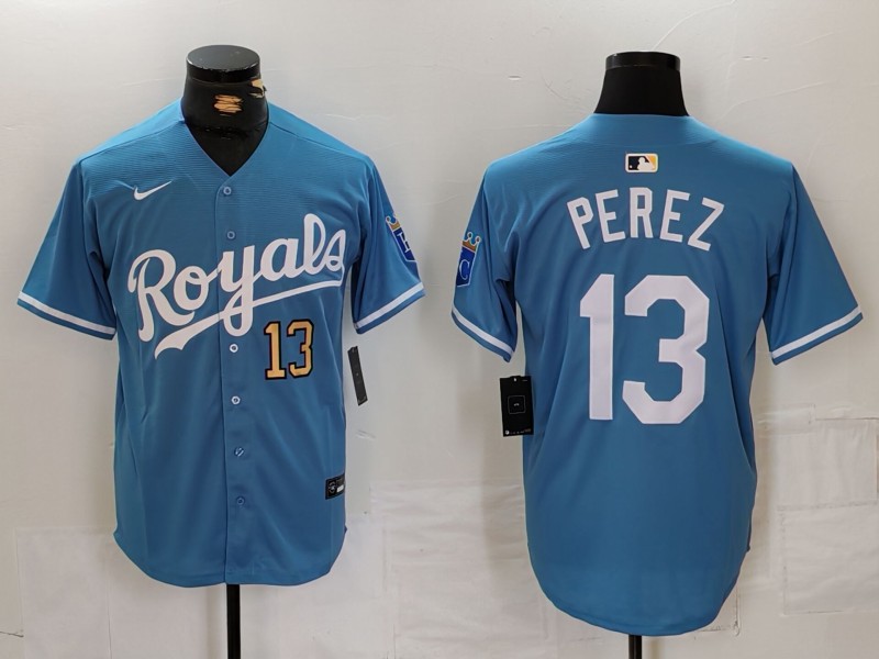 Men's Kansas City Royals #13 Salvador Perez Light Blue Cool Base Stitched Jersey 1