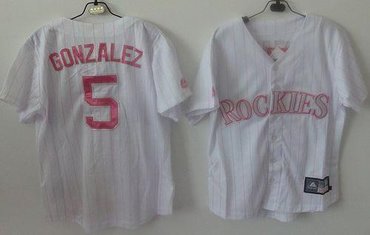 Women''s Fashion Colorado Rockies #5 Carlos Gonzalez White(Pink Strip)Baseball Jersey