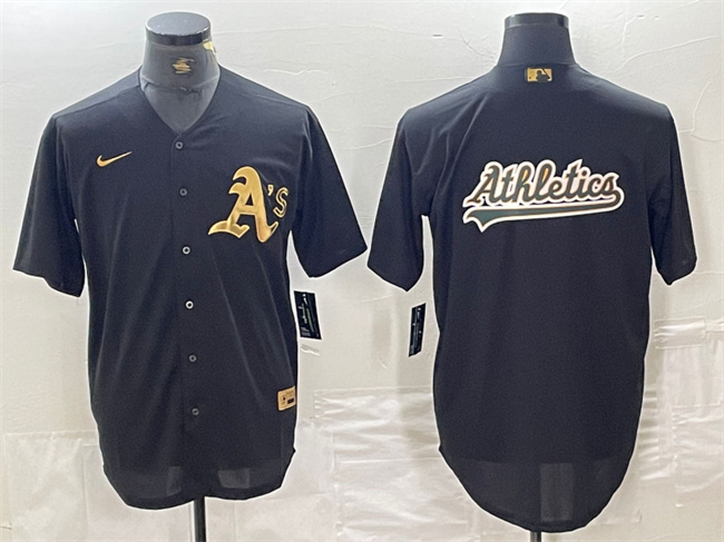 Men's Oakland Athletics Black Gold Team Big Logo Cool Base Stitched Baseball Jersey 3