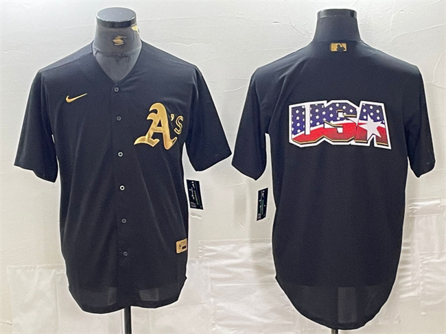 Men's Oakland Athletics Black Gold Team Big Logo Cool Base Stitched Baseball Jersey