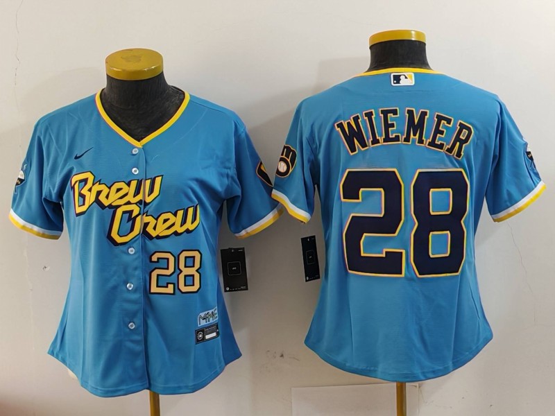 Women's Milwaukee Brewers #28 Joey Wiemer Powder Blue City Connect Cool Base Stitched Jersey 2