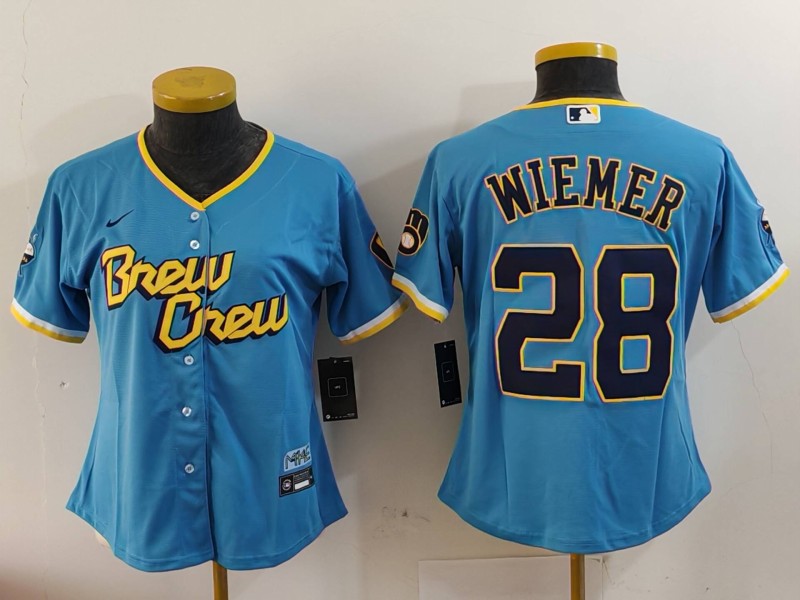 Women's Milwaukee Brewers #28 Joey Wiemer Powder Blue City Connect Cool Base Stitched Jersey