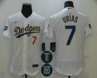 Men's Los Angeles Dodgers #7 Julio Urias White Gold #2 #20 Patch Stitched MLB Flex Base Nike Jersey