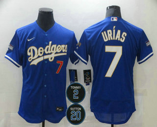 Men's Los Angeles Dodgers #7 Julio Urias Blue Gold #2 #20 Patch Stitched MLB Flex Base Nike Jersey